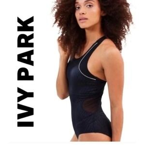 Ivy Park Beyoncé Mesh Panel One Piece Bodysuit Swimsuit Black Athletic Sz S